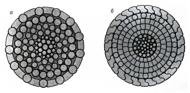  Рис. 3. Поперечные сечения закрытого (а) и полузакрытого (б) канатов