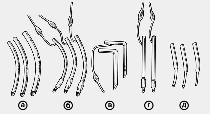 Рис. 1. Интубационные трубки: а — без надувных муфт; б — с надувными муфтами; в — изогнутые под углом; г — армированные; д — трубки Коуна для детей