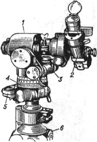 Перископическая артиллерийская буссоль: 1 - монокуляр; 2 - азимутальная насадка; 3 - корпус отсчётного червяка; 4 - корпус буссоли; 5 - ориентир-буссоль; 6 - тренога