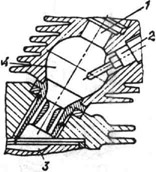 К ст. Форкамерный двигатель. Камера сгорания с форкамерой: 1 - отверстие для форсунки; 2 - свеча подогрева; 3 - выемка в поршне; 4 - форкамера