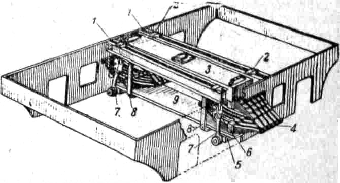 На эти балки кладется подрессорный люлечный брус 9, на концах к-рого устанавливаются эллиптические рессоры 4; на последние кладется надрессорный брус 3. Так. обр., надрессорный брус имеет возможность несколько перемещаться поперек тележки на подвесках 7 вместе с подрессорным брусом 9 и в вертикальном направлении на эллиптических рессорах 4. При передаче раме тележки от надрессорного бруса тяговых и тормозных усилий последний упирается в широкие скобы (упоры), прикрепленные к балкам 1. На случай обрыва подвесок Л. т. имеет предохранительные скобы 8, поддерживающие ее от падения.